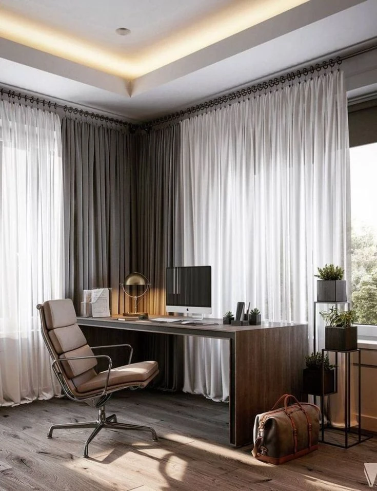 Modern Office with Floor-to-Ceiling Curtains