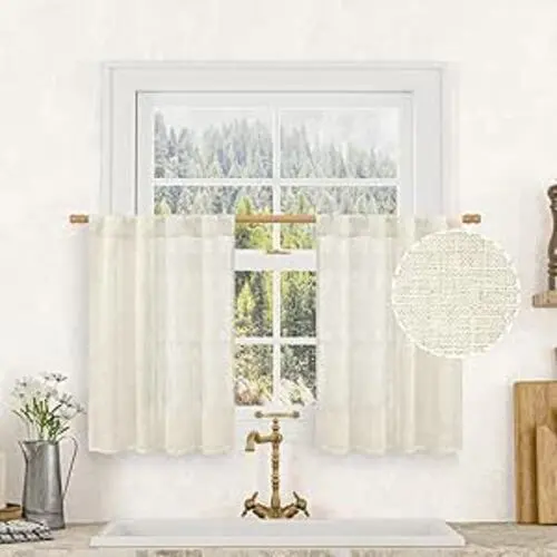 LAMIT Short Linen Curtains for Kitchen Windows