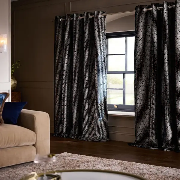 Navy Blue Gold Velvet Eyelet Curtains