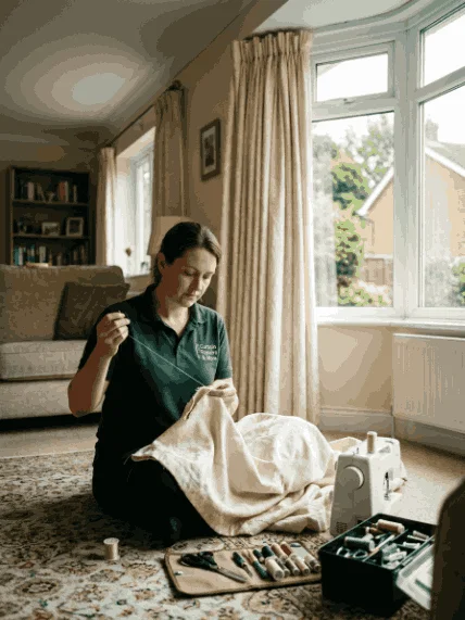 Off white curtain reparing before installation