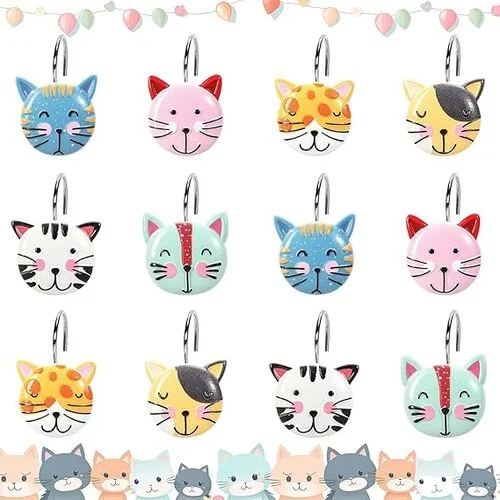 12Pcs Decorative Whaline Cat Shower Curtain Hooks