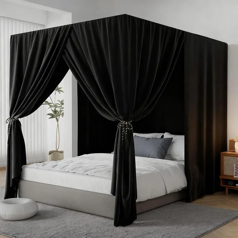 Queen Lightproof Black Canopy Bed Curtains