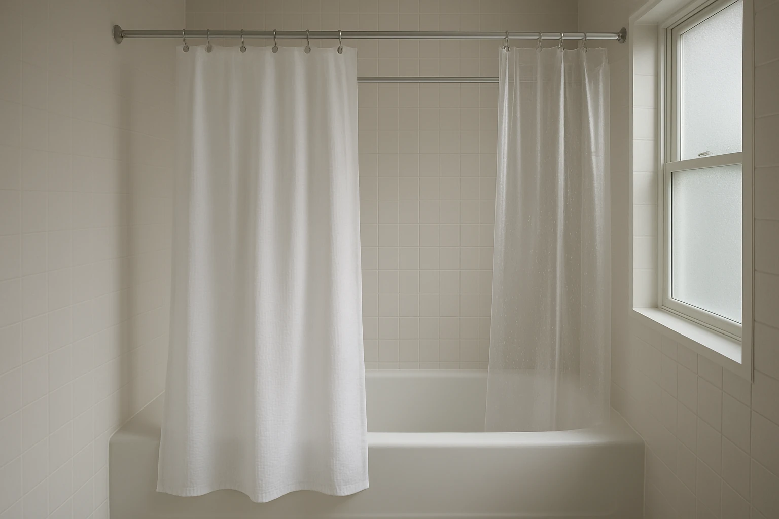 Clean shower curtain and liner hanging to dry