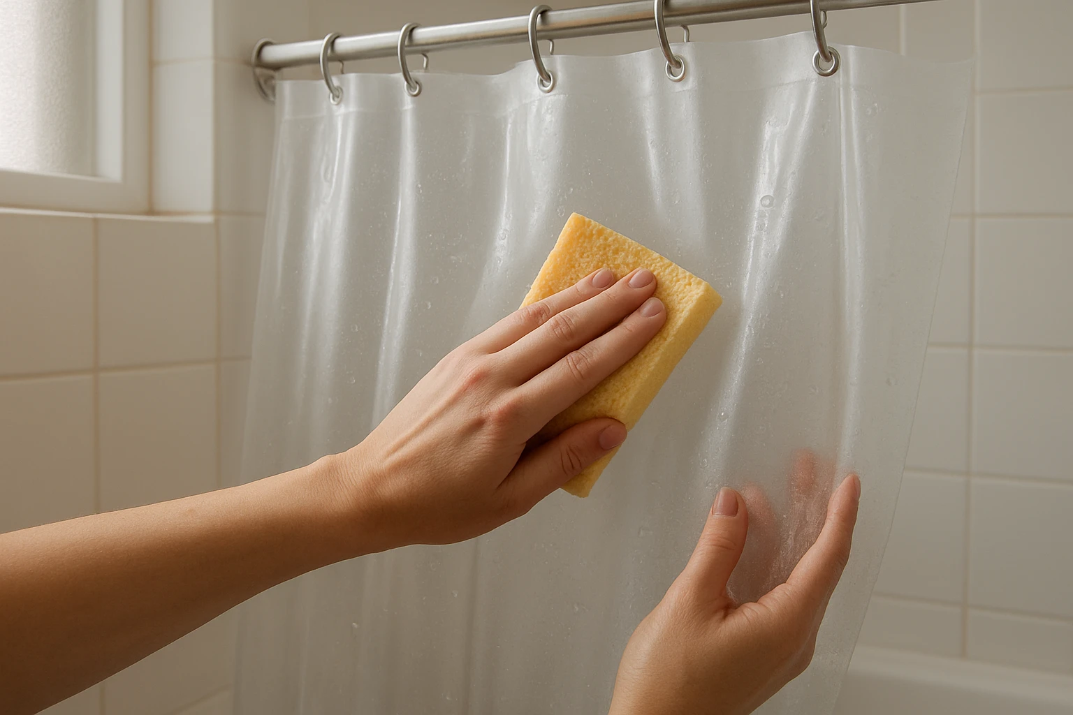 Cleaning a shower curtain with a sponge