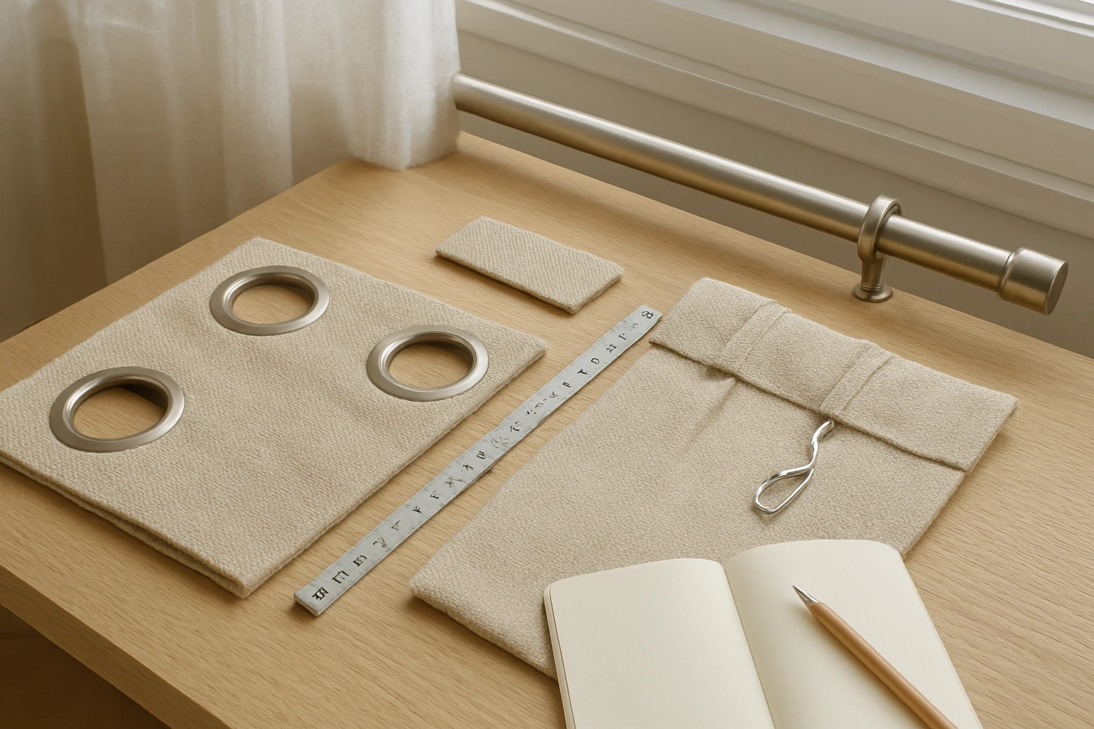 Curtain heading samples and measuring tools