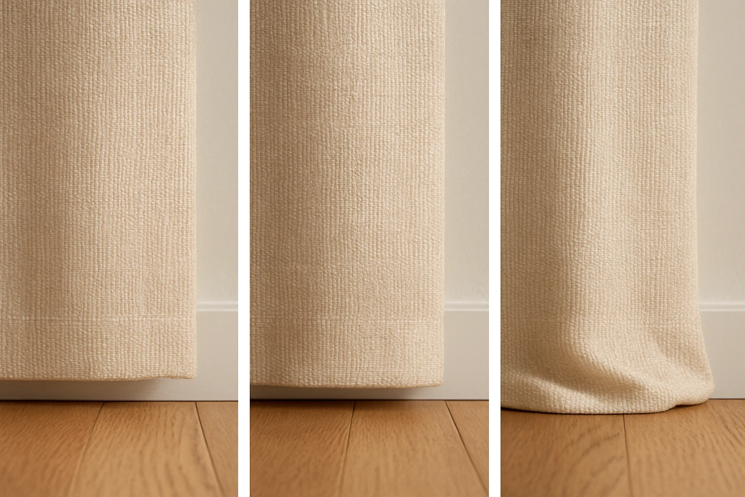 Curtain hems above and resting on the floor