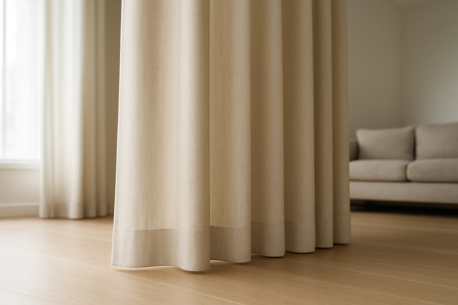 Curtain hems stopping just above the floor