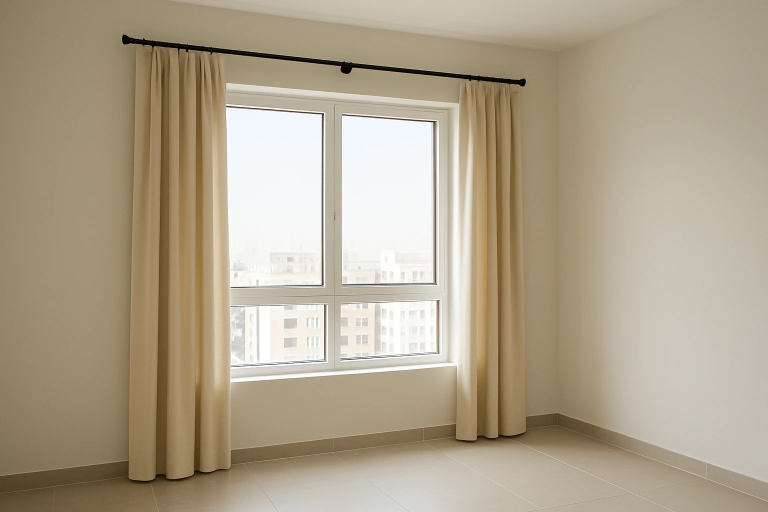 Curtain rod installation with visible center support