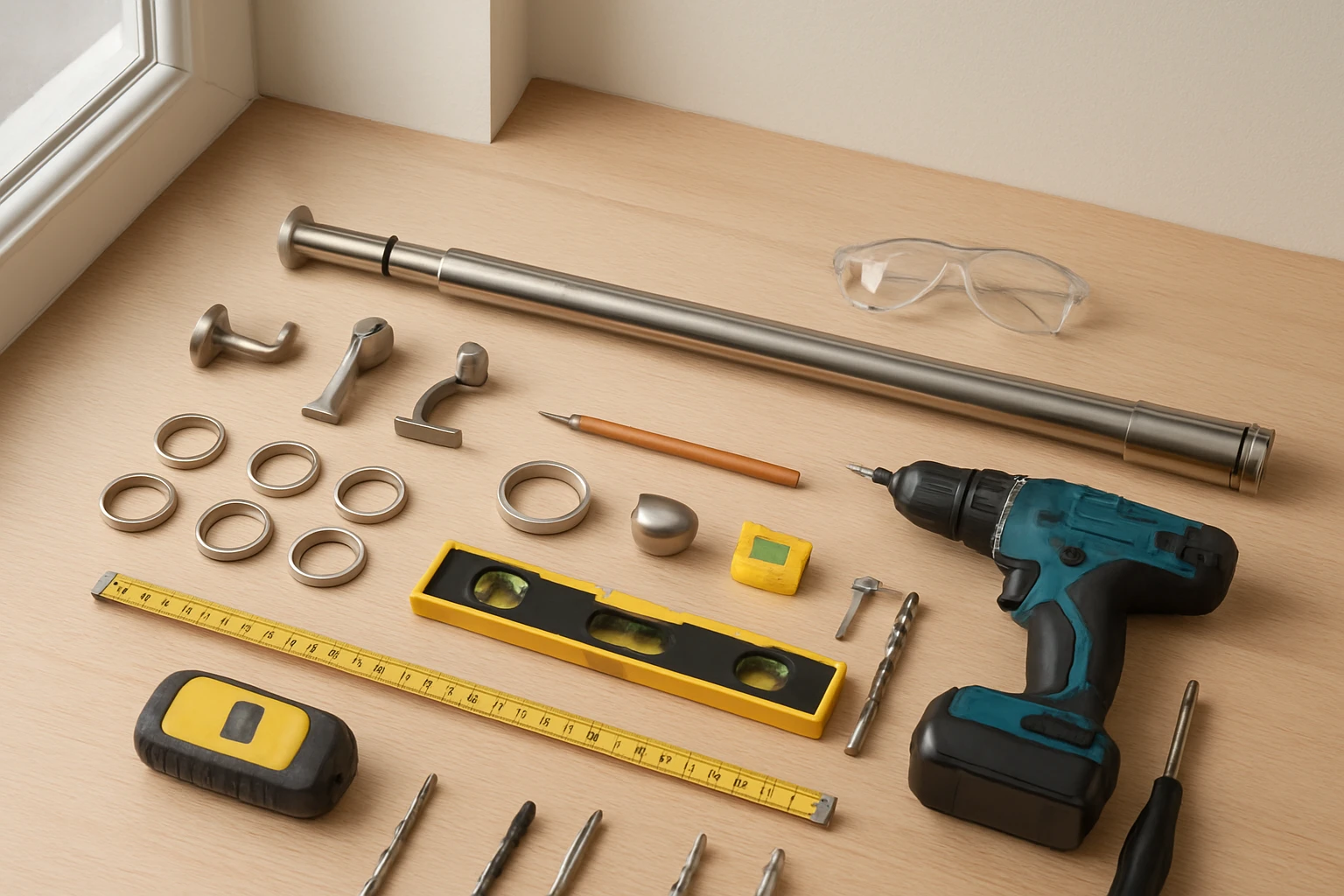 Curtain rod, support brackets and installation tools