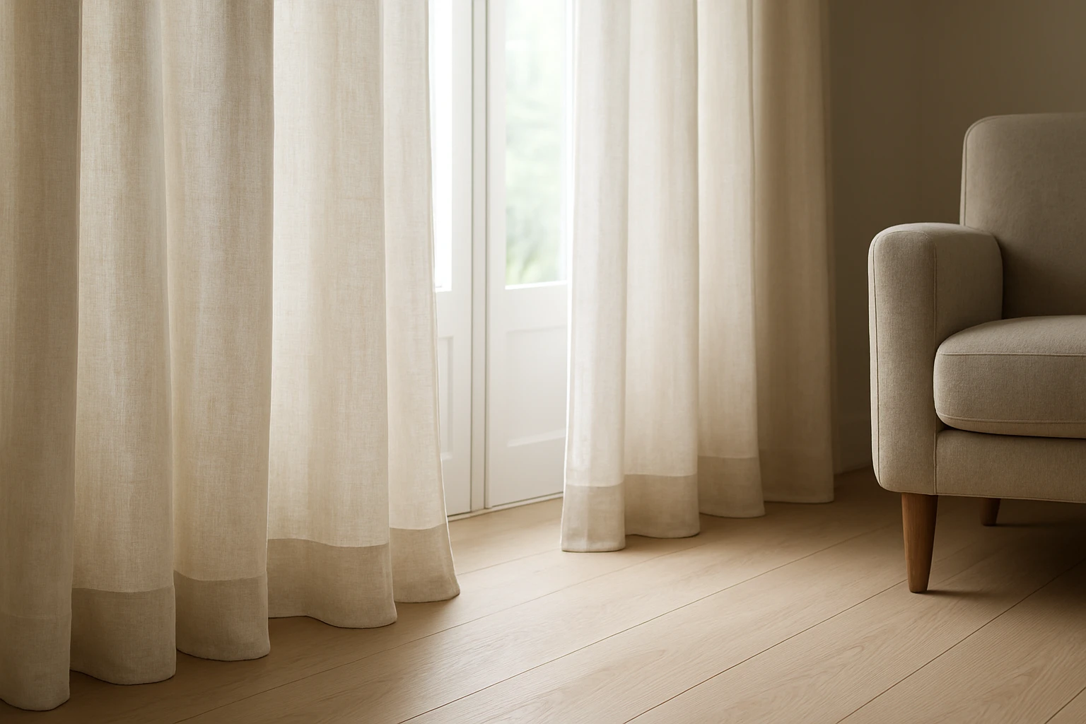 Curtains just touching a wooden floor