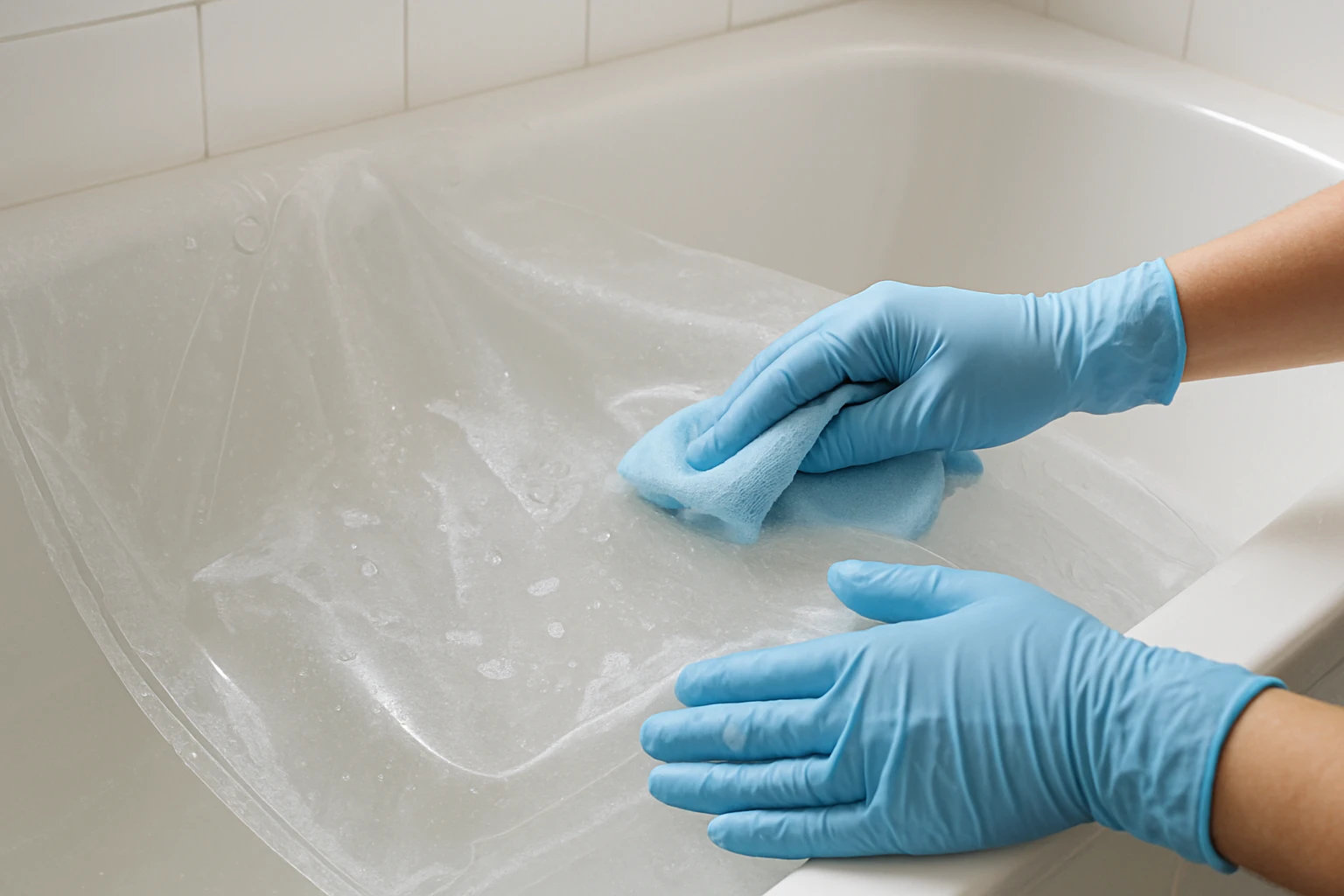 Hand cleaning a plastic shower curtain liner