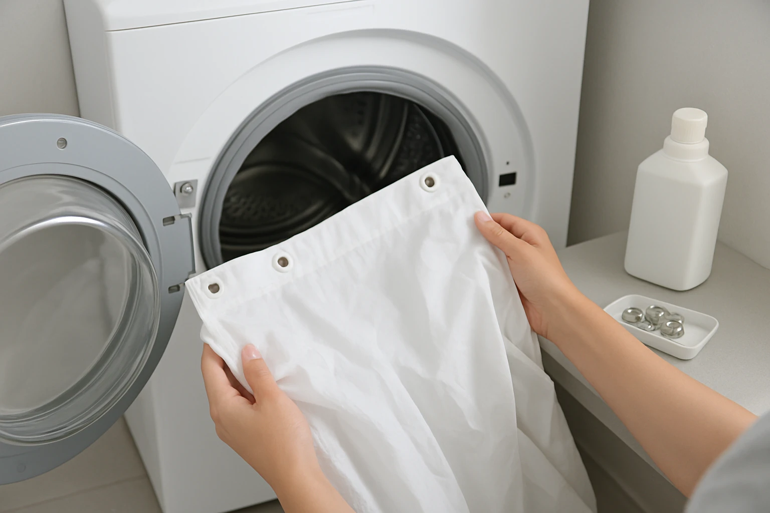 Loading a shower curtain into a washing machine