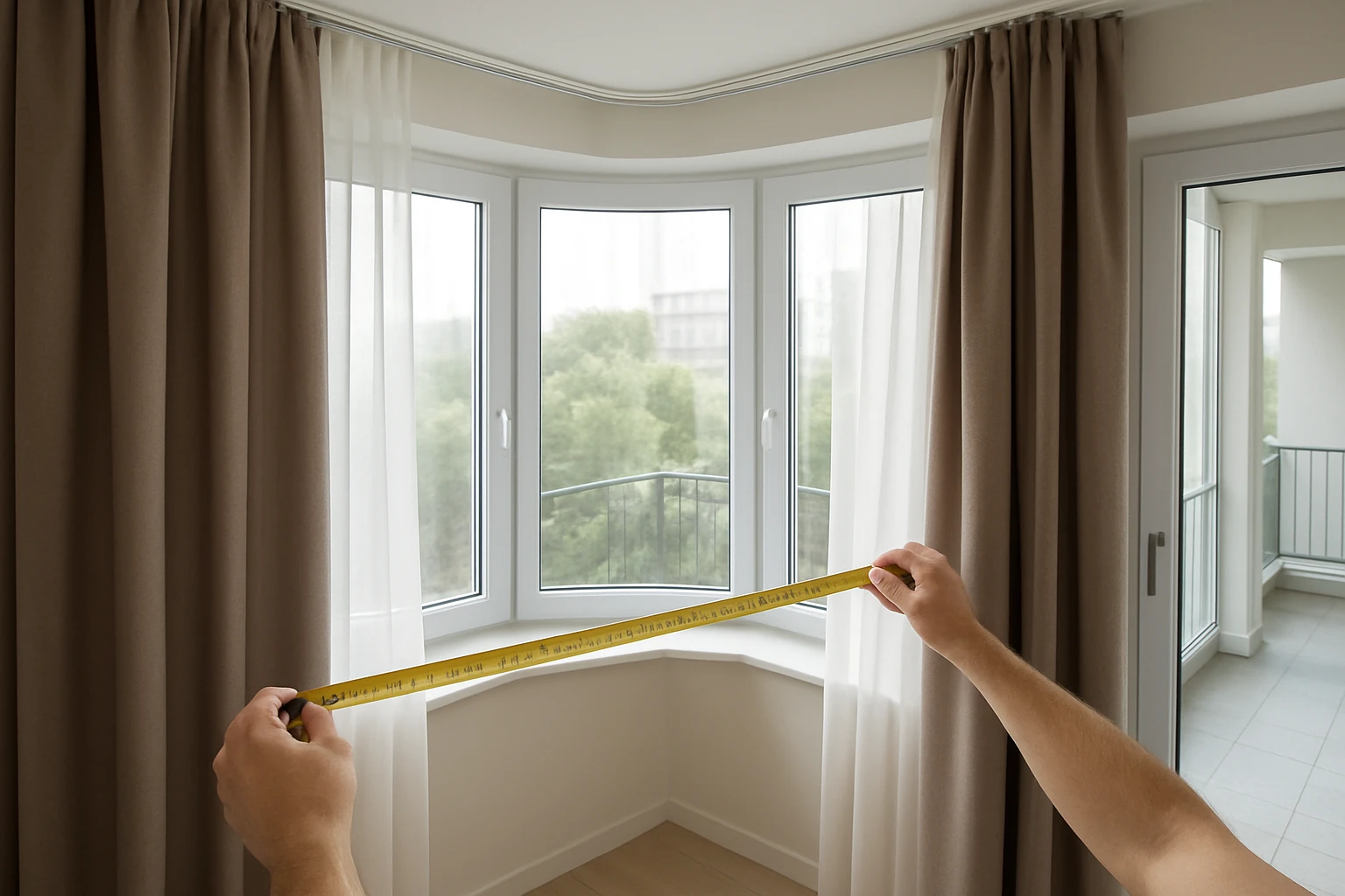 Measuring bay windows for layered curtains