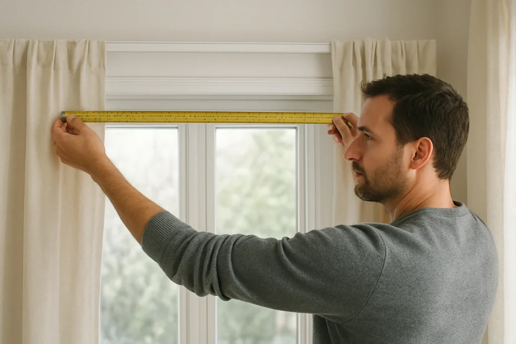 Measuring curtain track width with a tape