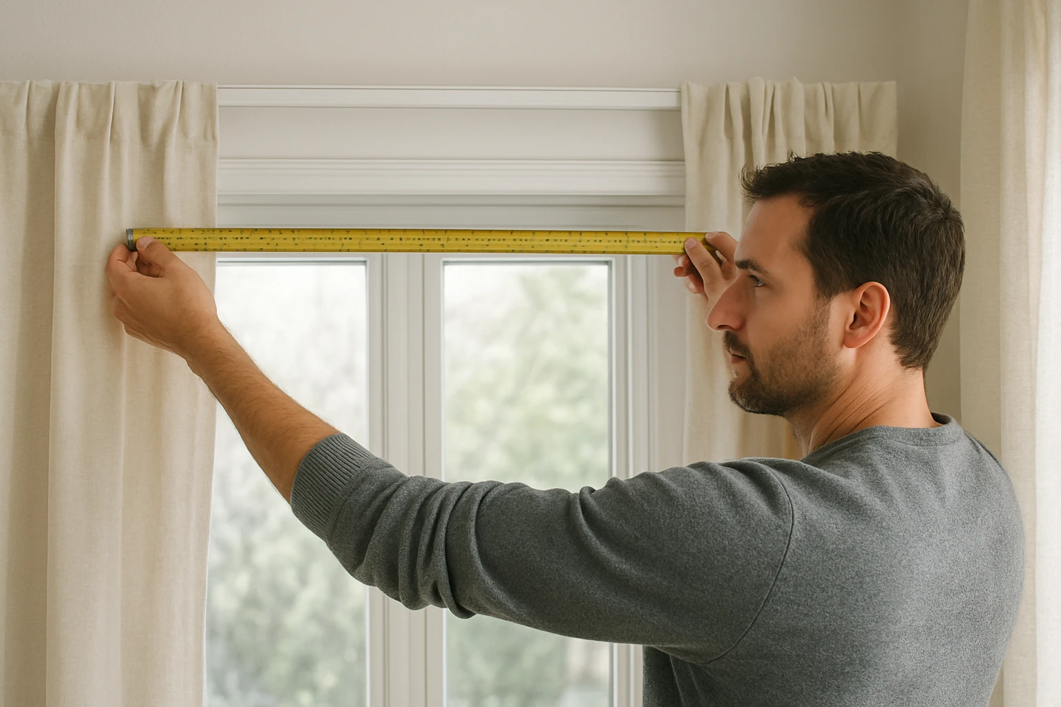 Measuring curtain track width with a tape