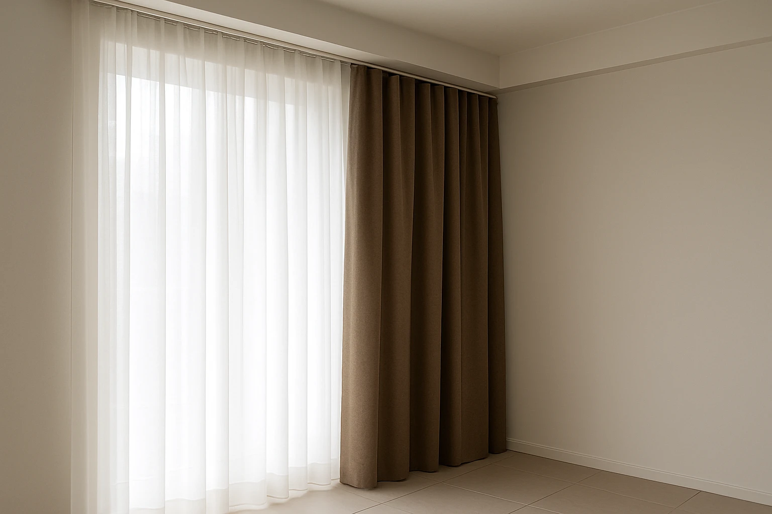 Sheer and blackout curtains with aligned hems