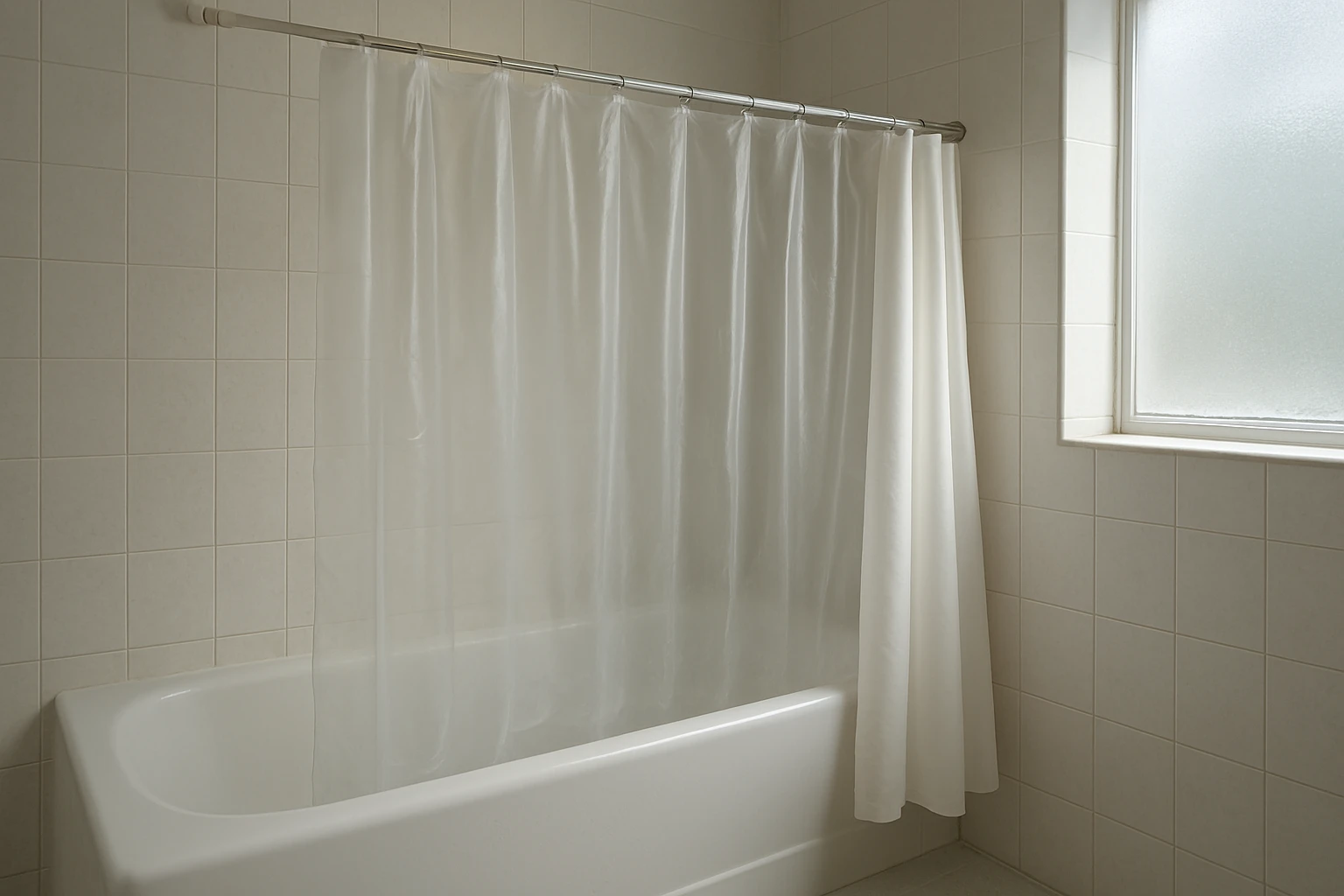 Shower curtain drying fully spread over bathtub