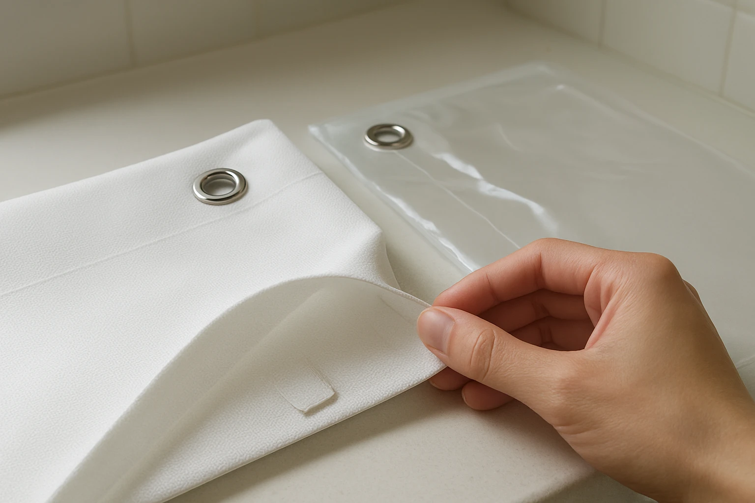 Shower curtain fabric beside a plastic liner